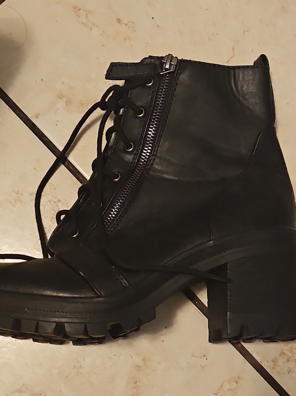 Soda Black Lace-Up Chunky Heel Ankle Boots with Side Zip